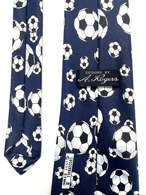 A. Rogers Soccer Balls Themed Tie Novelty Navy Black & White Polyester Vntg