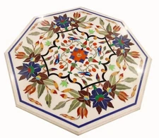 18" Marble Side Table Top Octagon White Coffee Center Inlay Art Pietra Dura Work