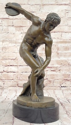 Discus Thrower Grand Tour Bronze Statue On Black Marble Base European Artwork NR
