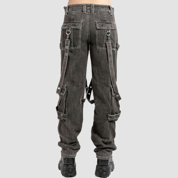 Gothic Cargo Pants Men Grunge Baggy Denim Jeans X-Strap