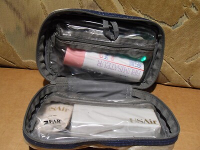 Vtg USAIR Airlines Amenity Travel Case Kit Shaver Ear Plugs Evian And More Used