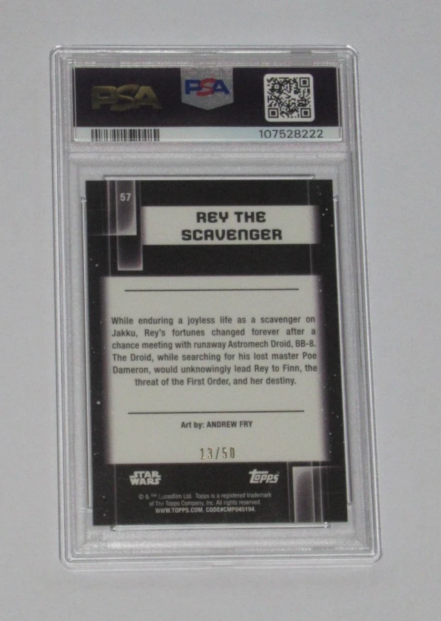 2021 Topps Chrome Star Wars Galaxy 57 Rey Scavenger Mojo Refractor 13/50 PSA 10 - Image 2 of 2