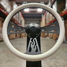 14 Black Flame Steering Wheel With White Wrap And Plain Horn Button 14 Black Flame Steering Wheel With White Wrap And Plain Horn Button