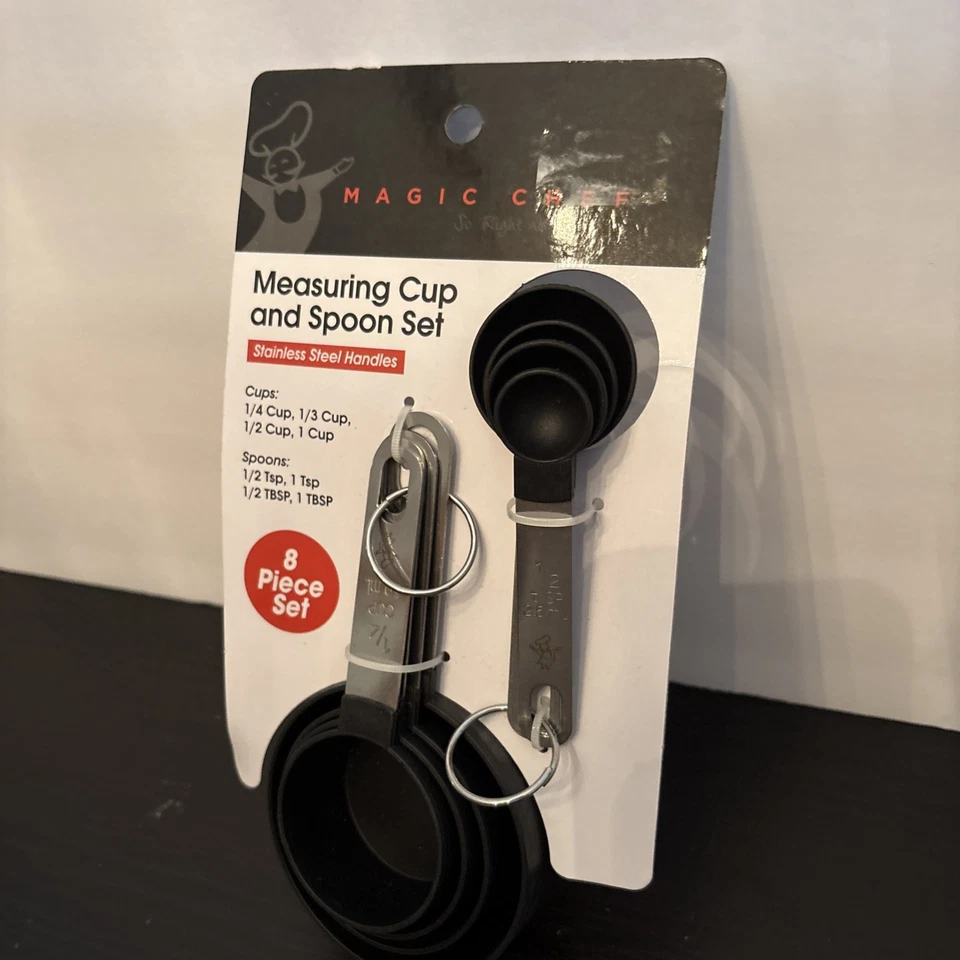 Juego de tazas y cucharas medidoras Magic Chef asas de acero inoxidable negro 8 piezas NUEVO Foto 4 de 4
