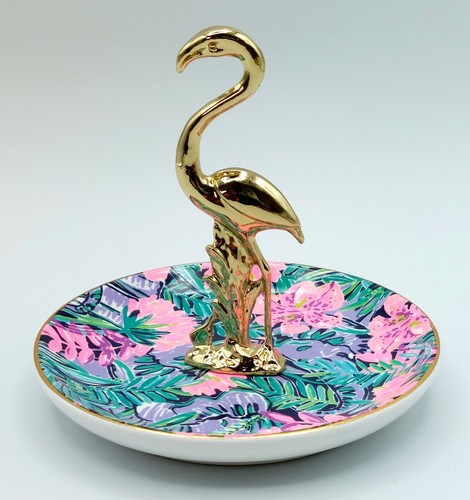 Lilly Pulitzer bemalt Palme Gold Flamingo Ring Halter/Schmuck Schale 4" rosa/grün