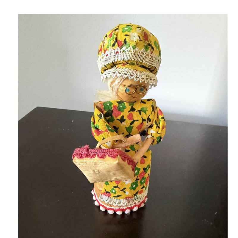 Napcoware Vintage Fabric Girl Figurine Floral Dress Hanging Loop Korea 5" 1970