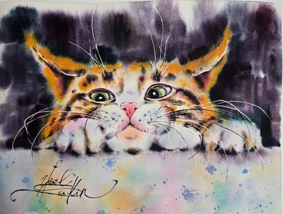 Peinture originale aquarelle chat orange - art mural portrait animalier, 9... - Photo 1/4