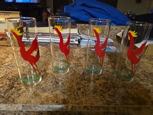 Vintage 1950s Federal Highball Crowing Red Rooster Set Of Four 12 oz. Glasses.