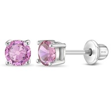 Classic Solitaire Simulated Pink Tourmaline Earring Screw Back - Sterling Silver