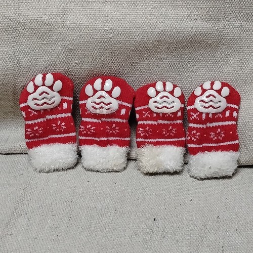 Red & White Knit Dog Socks Set of 4 XS Paw Print Warm Christmas
