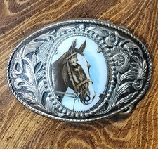 Women's Western Oval Horse Head Belt Buckle Silver Floral.