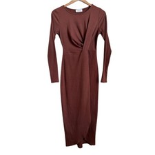 Ribbed Faux Wrap Midi Dress Small Brown Long Sleeve Stretch Knit Tulip Hem