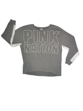 PINK Victoria's Secret Gray White Pullover Sweatshirt Raw Hem Logo M