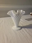 VTG Fenton White Milk Glass Hobnail Trumpet Vase Ruffled Double Crimped Edge 4"