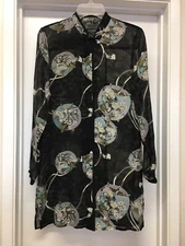 CITRON Santa Monica Silk Print Button Front Long Blouse Tunic Top EUC