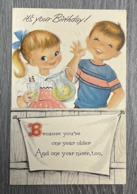 Vintage American Greeting Card It's Your Birthday Boy Girl Lemonade Year Older