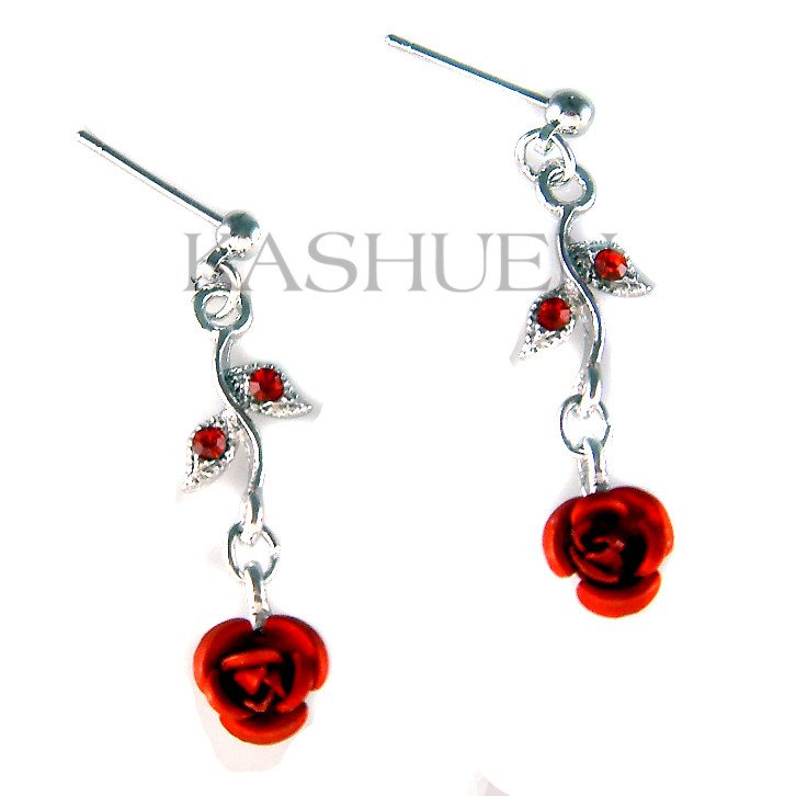 Rojo Flor Rosa Hecho con Cristales Swarovski Boda Floral Palo Pendientes