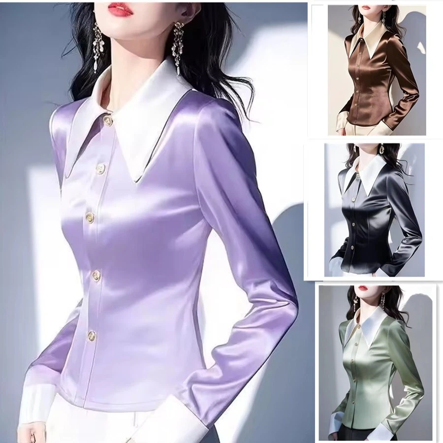 2025 Lapel Satin Shirt for Women Early Spring New Style Waist-closing Shirt TOP - 第 8 张/共 14 张