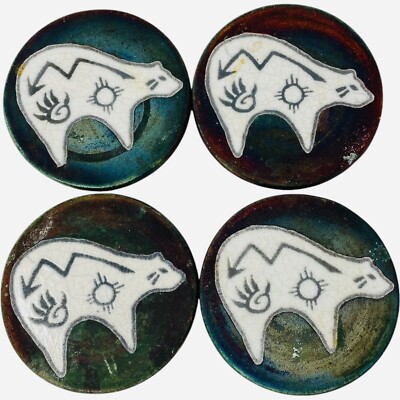 Signed Jeremy Diller Coaster Set of 4 Raku Pottery Bear
