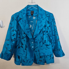 Clara Sun Woo Sheer Floral Blazer Jacket Women's Blue 2 Button Flap Pocket Size