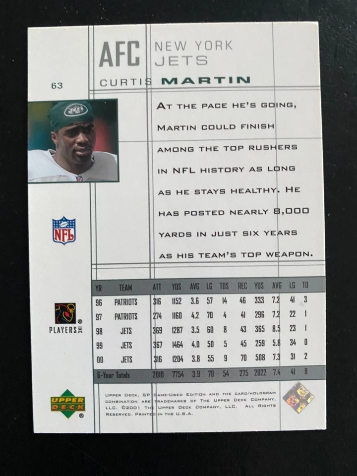 Curtis MARTIN 2001 SP Game Used Edition Upper Deck #63 New York Jets - Image 2 of 2