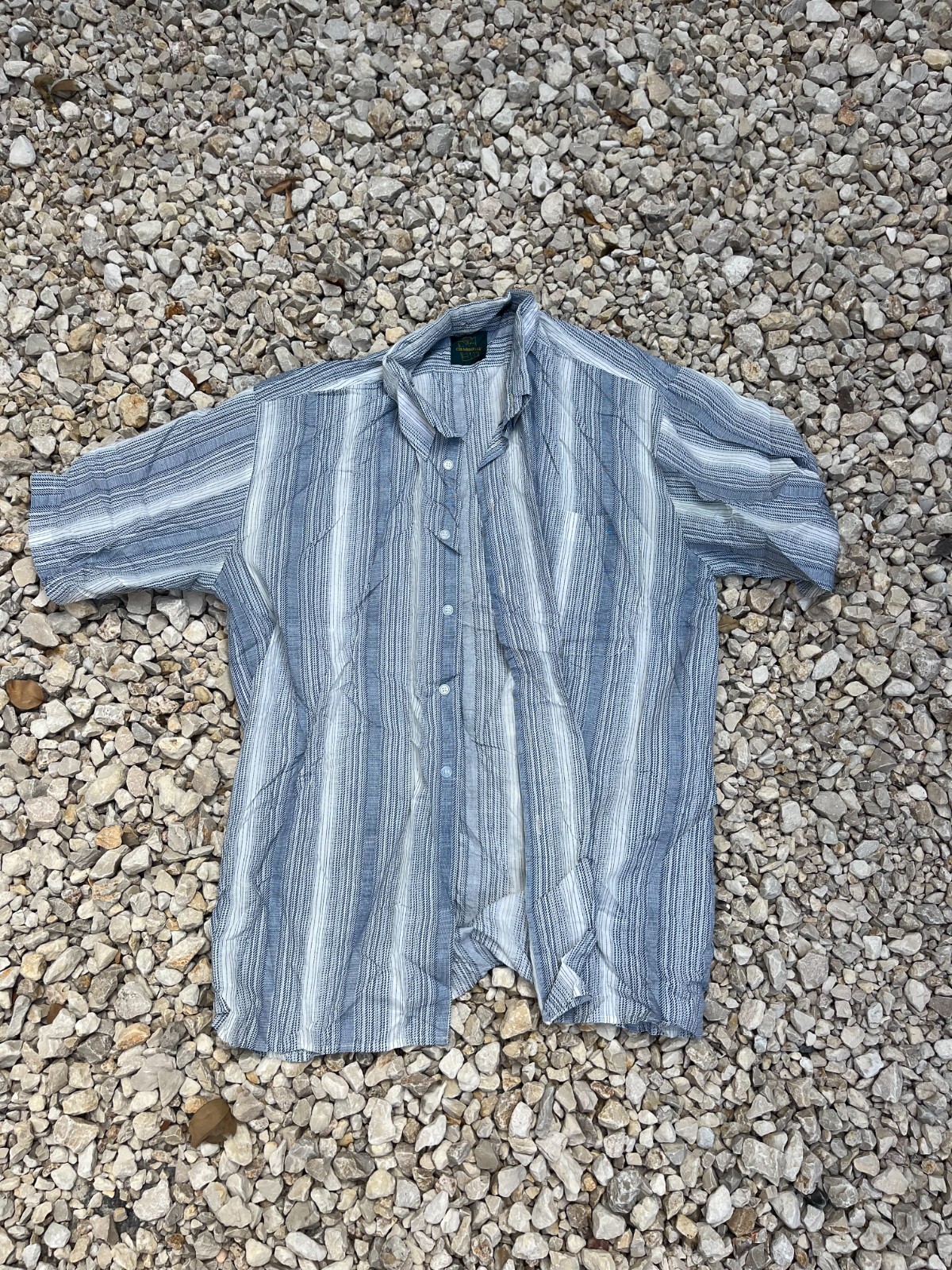 Chardonay Mens L Button Up Shirt Blue Gray Stripe Short Sleeve Polyester Cotton