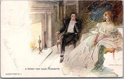 1907 Romance Greetings Postcard Couple / Fireside ''A PENNY FOR YOUR THOUGHTS''