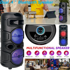 Dual 4" Portable Bluetooth Speaker w/ Heavy Bass TWS AUX LED Party System Lights