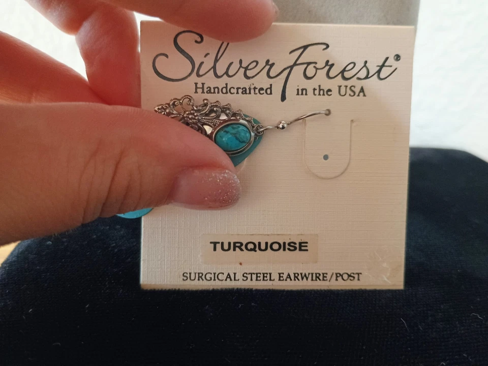 银森林绿松石金银丝珠泪珠形状悬钩耳环银色 — 第 4/4 张图片