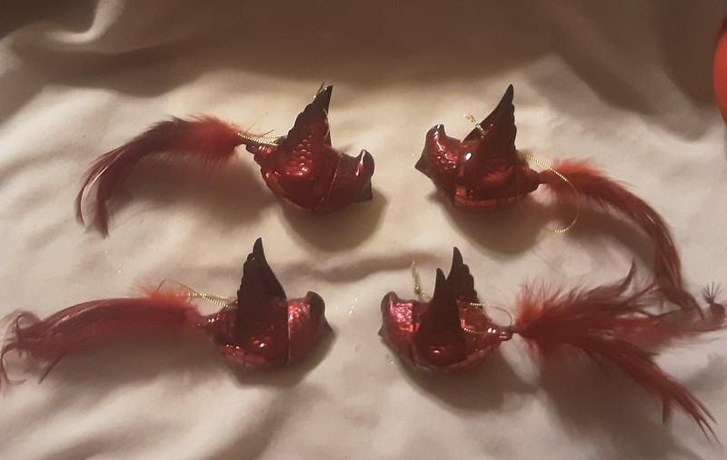 4 Vintage Cardinal Ornaments, Red Feathers