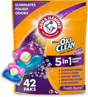 ARM & HAMMER Plus OxiClean 5-in-1 Laundry Detergent Power Pks, Fresh Burst 42cnt