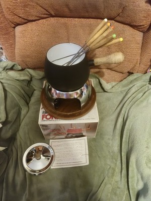 Vintage Emaille Fondue Set schwarz mit Box von Kamenstein 1975 (B)