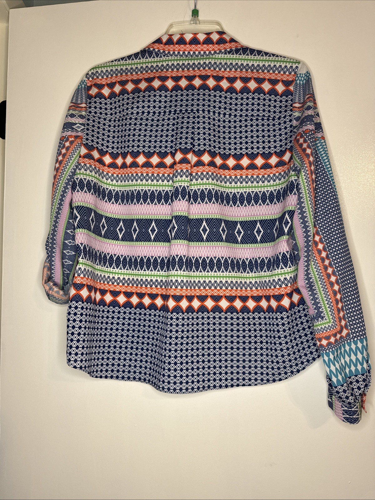 Gianni Bini Colorful Print Faux Wrap Boho Blouse Size Small Hi Low Roll Tab