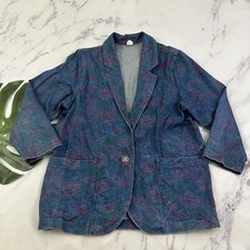 Womens Vintage 80s Denim Blazer Jacket Size L Blue Red Floral Jean Oversize