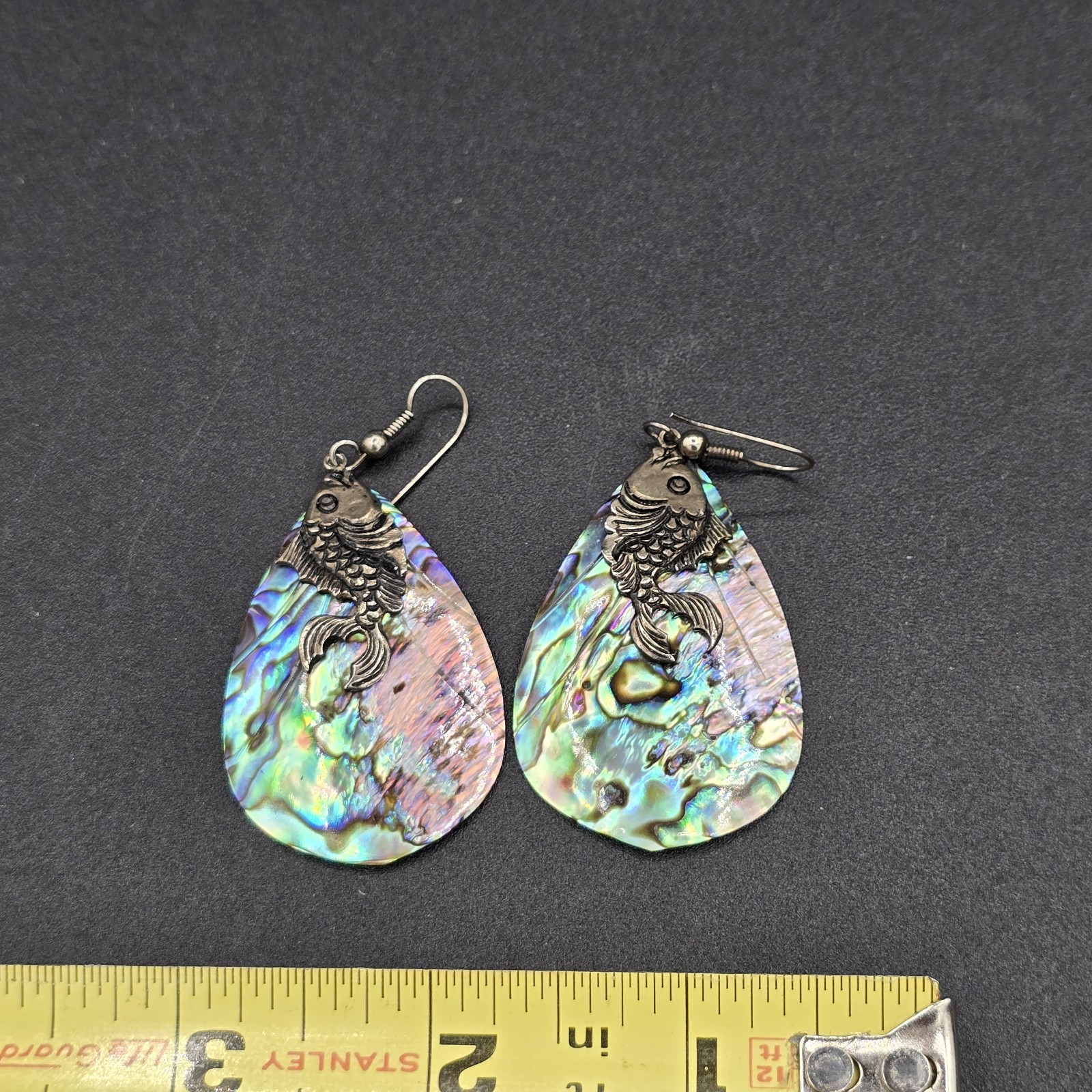Vintage Earrings Dangle Abalone Shell Jewelry Fish - image 2