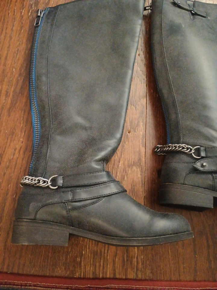 RAMPAGE Imeria DISTRESSED Negro Motociclista Moto Botas hasta la Rodilla Acentos de Cadena Cremallera Trasera 6.5 Foto 2 de 4