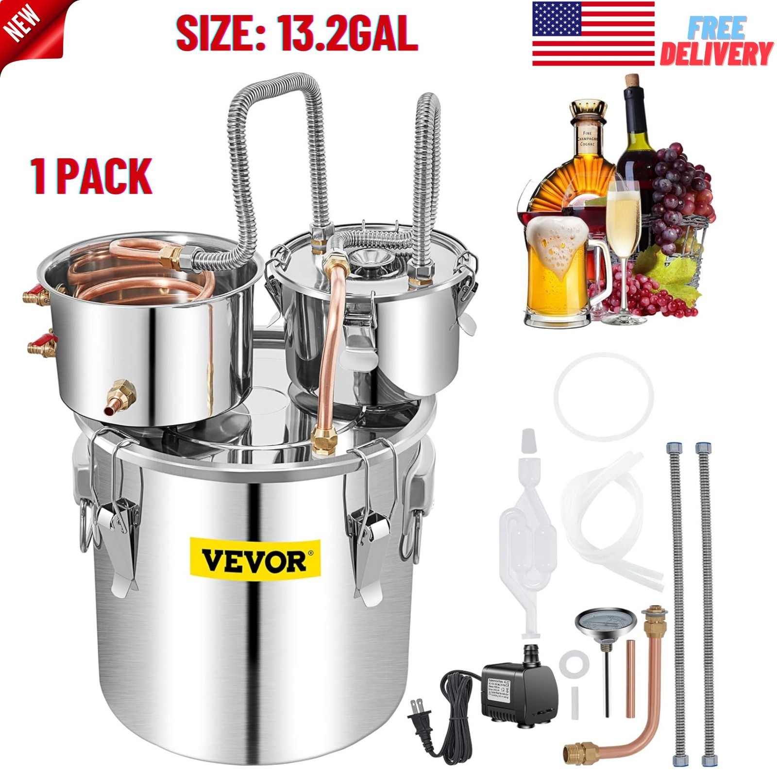 Alcohol Still 13GAL/50L, Alcohol Distiller w/ Thumper Keg Distillery Kit Brewing