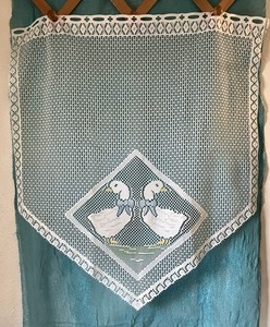White Vintage Filet Crochet Look VALANCE or CAFE CURTAIN, Two Geese w/ Blue Bows