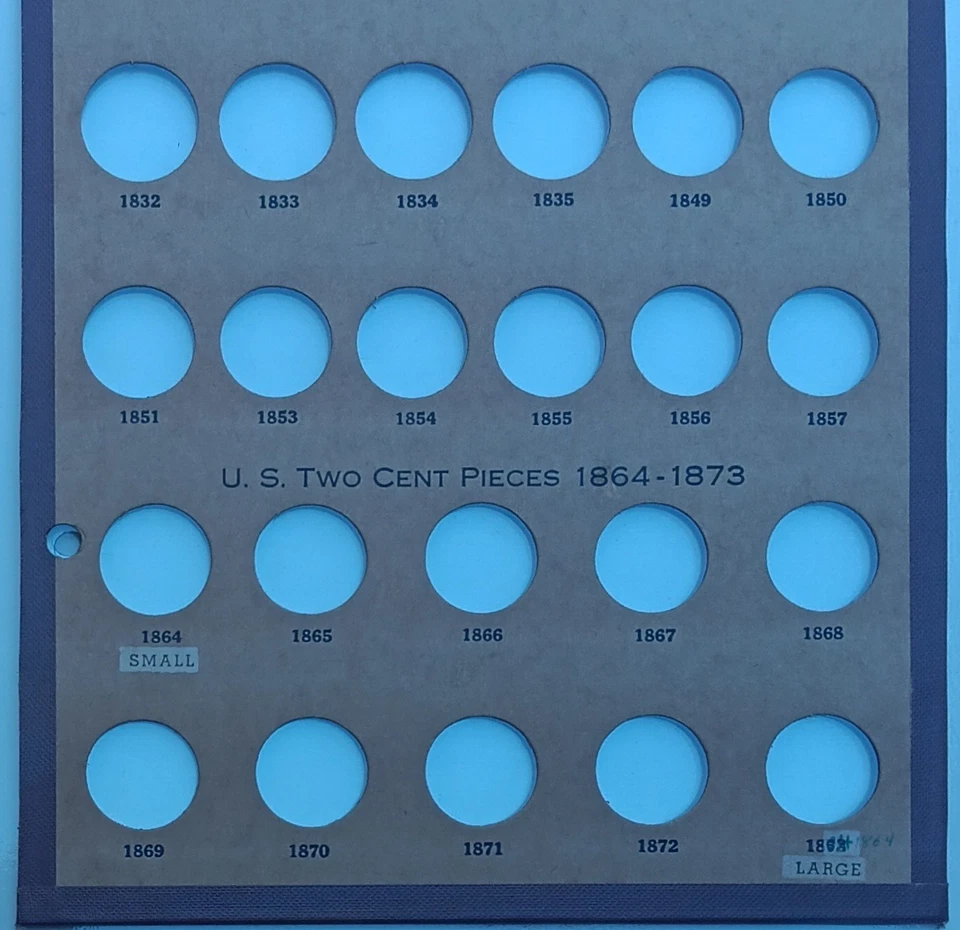 Wayte Raymond 1793-1857 Estados Unidos medio centavo 1864-1873 dos páginas de tablero de monedas de 2 c Foto 3 de 4