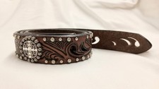 Ariat Tooled Leather Belt S Wmns A1518602 Conchos Rhinestones No Buckle 28-31W