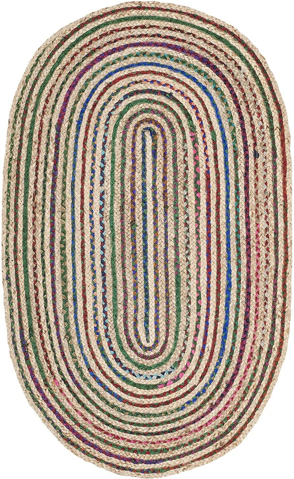 Natural Jute Cotton Rug Handmade Oval Reversible Braided Mat Modern Area Carpet - Image 2 of 4