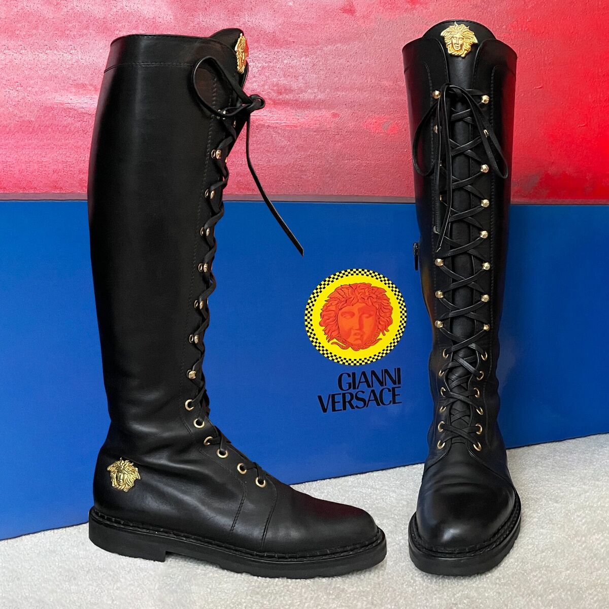 GIANNI VERSACE black leather knee-high combat boots w/ gold GIANNI VERSACE black leather knee-high combat boots w/ gold