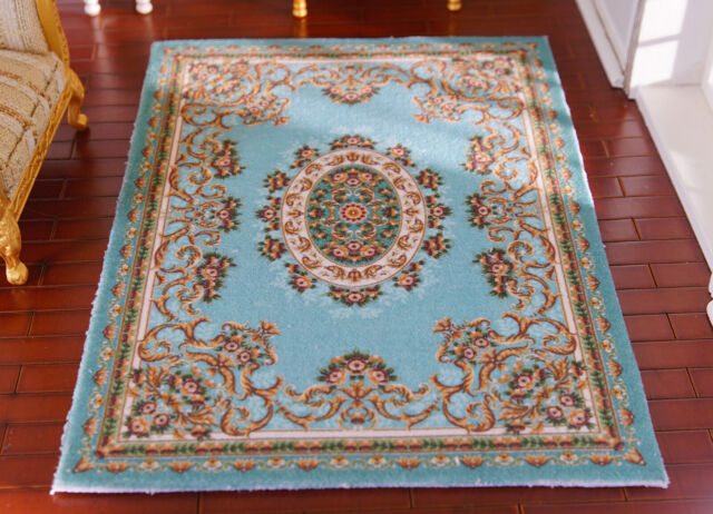 Classic Dollhouse French Swirls Light Blue Floral Miniature 1/12 Rug