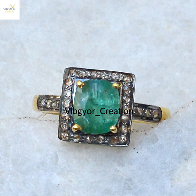 Ring Emerald Gemstone Pave Diamond 925 Solid Silver Gold Vermeil Birthday Gift