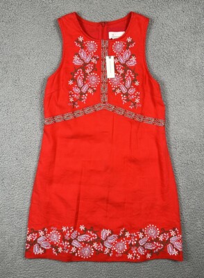 Anthropologie Aiko Dress Women's Size 8 Red Embroidered Linen Blend Lined NEW