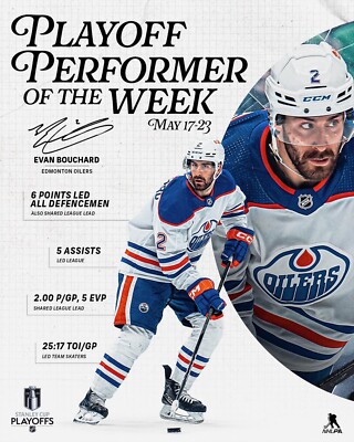 Evan Bouchard 2024 Playoff Player of the Week Edmonton Oilers 8x10 NHL Photo