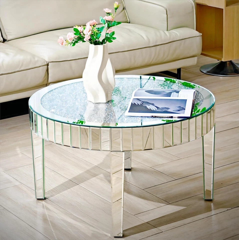 80CM Round Mirrored Coffee Table Large Decorative Bling Crushed Diamond Tabletop - image 2 of 4