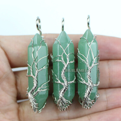 3pcs Natural Green Aventurine Hexagonal Pointed Pendants Tree Life Wire Wrapped