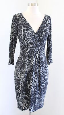 David Meister Black Gray Leopard Print 3/4 Sleeve Ruched Dress Size 6 V Neck