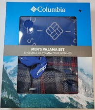 Columbia Pajama Set Men's M Blue/Gray Cotton Blend Top & Fleece Flannel Bottoms